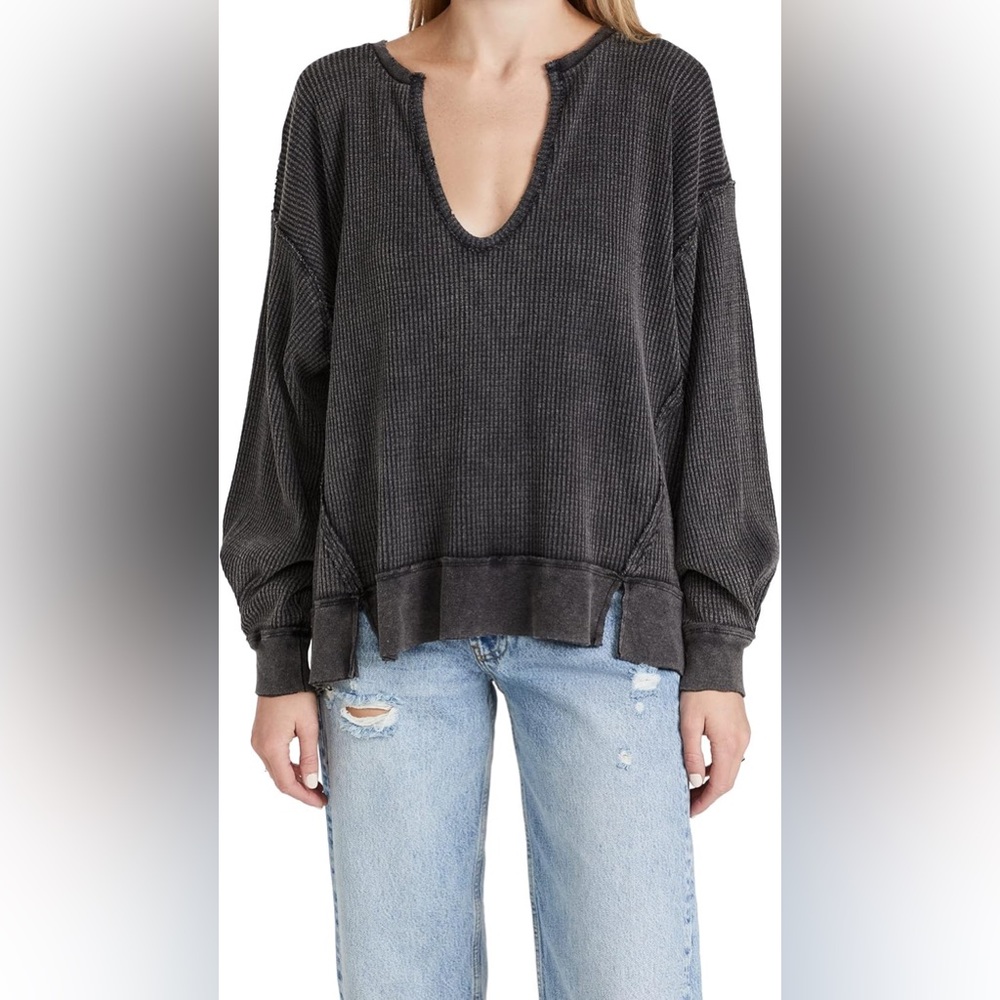 We The Free Black V-Neck Sweater Oversized Waffle Knit